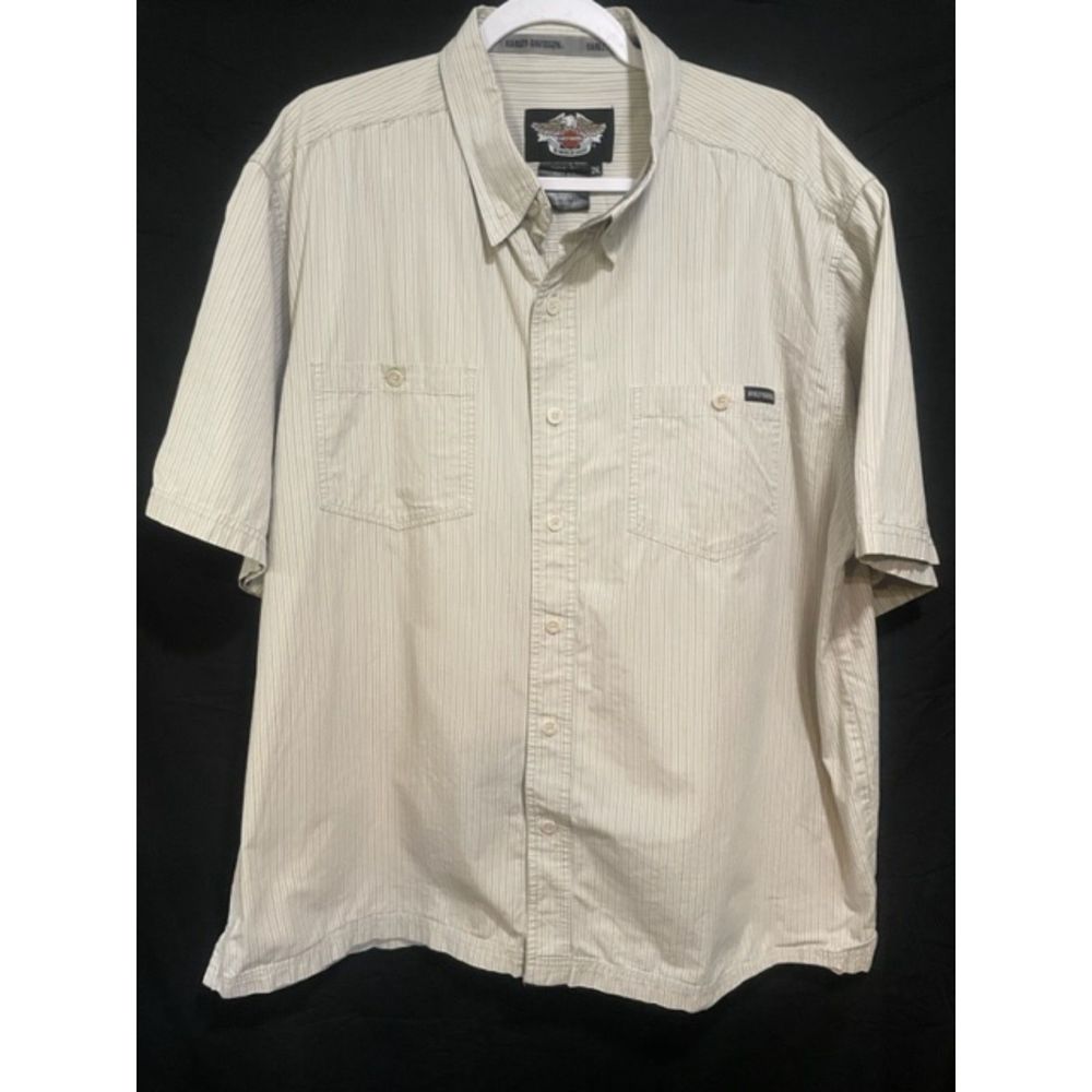 Mens Harley Davidson 2XL Striped SS Embroidered Button Down Shirt Gray Blue